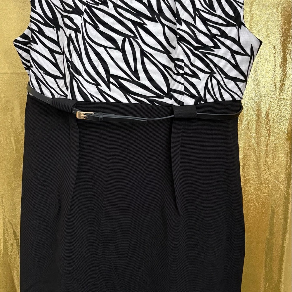 Connected Black & White Sleeveless Sheath Dress with Leaf Print Top